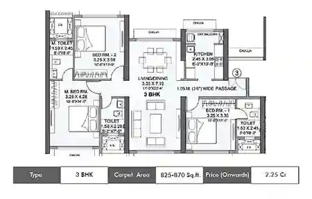 Wadhwa Atmosphere O2 3 BHK floor plan, 870 sq ft carpet area