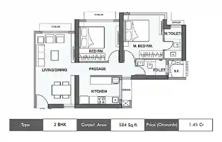 Wadhwa Atmosphere O2 2 BHK floor plan, 584 sq ft carpet area