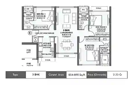 Wadhwa Atmosphere O2 3 BHK floor plan, 854 sq ft carpet area