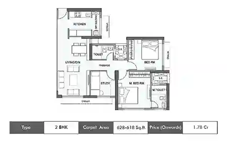 Wadhwa Atmosphere O2 2 BHK floor plan, 628 sq ft carpet area