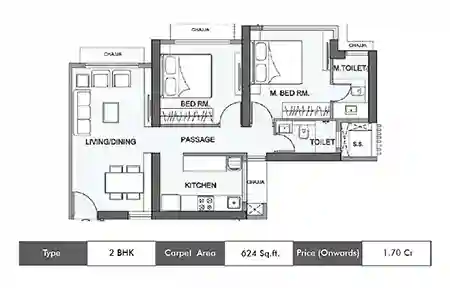 Wadhwa Atmosphere O2 2 BHK floor plan, 624 sq ft carpet area