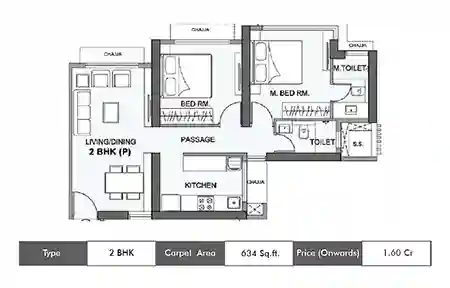 Wadhwa Atmosphere O2 2 BHK floor plan, 634 sq ft carpet area