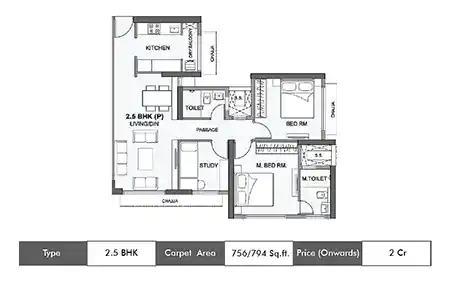 Wadhwa Atmosphere O2 2.5 BHK floor plan, 756 sq ft carpet area