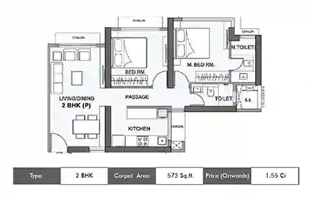 Wadhwa Atmosphere O2 2 BHK floor plan, 573 sq ft carpet area