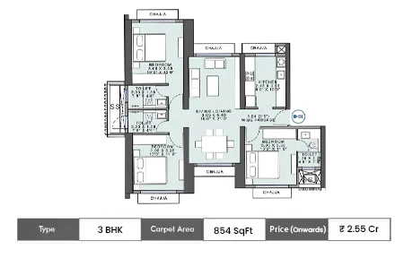 3 BHK 854 SqFt